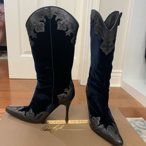 Donald J Pliner, Navy/Pewter Velvet boots.